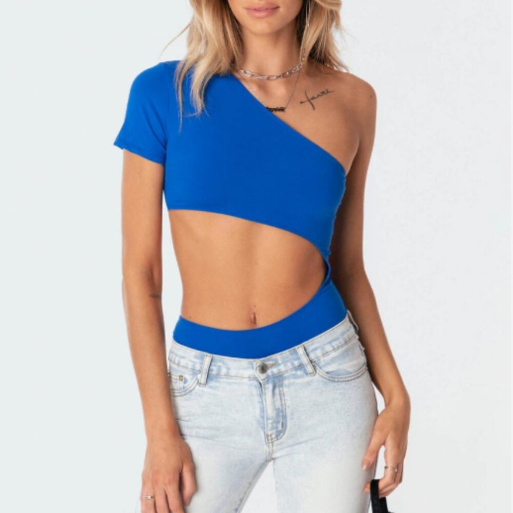 Royal Blue Edikted One Shoulder Bodysuit with cutouts